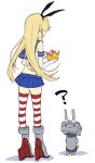  1girl :3 ? blonde_hair elbow_gloves from_behind full_body gloves high_heels highres kantai_collection long_hair magai_akashi super_mario_bros. microskirt new_super_mario_bros._u_deluxe nintendo rensouhou-chan shimakaze_(kantai_collection) simple_background skirt standing striped striped_legwear super_crown thigh-highs white_background white_gloves 