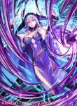  1girl belt breasts cape cleavage cowboy_shot dress fire_emblem fire_emblem_cipher green_eyes hair_ornament kousei_horiguchi large_breasts long_hair looking_at_viewer magic magic_circle nintendo official_art pelvic_curtain purple_dress shade_(fire_emblem) side_slit silver_hair smile solo thigh_strap watermark 