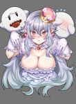  1girl :&lt; blush boo breasts cleavage covering_face crown dress e90vwggy earrings flying_sweatdrops frilled_dress frilled_gloves frills ghost ghost_pose gloves jewelry long_hair luigi&#039;s_mansion super_mario_bros. mini_crown new_super_mario_bros._u_deluxe nintendo pointy_ears princess_king_boo puffy_short_sleeves puffy_sleeves red_eyes short_sleeves silver_hair simple_background super_crown sweatdrop tilted_headwear tongue tongue_out wavy_mouth white_dress white_gloves 