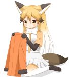  1girl animal_ears bangs blonde_hair blush bow bowtie brown_eyes brown_footwear brown_gloves brown_hair brown_legwear closed_mouth collared_shirt commentary_request elbow_gloves eyebrows_visible_through_hair ezo_red_fox_(kemono_friends) fox_ears fox_girl fox_tail full_body fur-trimmed_sleeves fur_trim gloves gradient_hair gradient_legwear hair_between_eyes highres holding holding_jacket jacket kemono_friends loafers long_hair long_sleeves multicolored_hair orange_jacket pantyhose pleated_skirt shin01571 shirt shoes short_sleeves simple_background sitting skirt solo tail very_long_hair wariza white_background white_hair white_legwear white_neckwear white_shirt white_skirt 