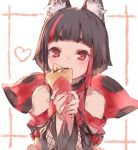  1girl animal_ear_fluff animal_ears bangs bare_shoulders blunt_bangs commentary_request crepe eyebrows_visible_through_hair food fox_ears heart holding holding_food izumi_sai multicolored_hair original red_eyes short_eyebrows short_hair solo streaked_hair thick_eyebrows 