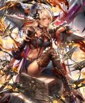 1girl artist_request bird blonde_hair breasts chain_whip chest cygames earrings fire gloves high_heels jacket jewelry keyring large_breasts leg_up looking_at_viewer midriff octrice_omen_of_usurpation official_art shadowverse sitting sitting_on_chest smile thigh-highs violet_eyes 