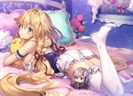  ahoge azur_lane bed braid breasts commentary_request doll dunkerque_(azur_lane) flower flower_pot green_eyes hair_ornament le_temeraire_(azur_lane) long_hair looking_at_viewer lying_on_bed object_hug pillow riichu thigh-highs twin_braids 