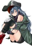  1girl bangs black_shorts blush boots brown_eyes coat eyebrows_visible_through_hair g11_(girls_frontline) girls_frontline green_coat grey_shirt hair_between_eyes hat highres jacket jitome knee_pads leg_hug leg_strap long_hair looking_at_viewer open_clothes open_coat open_mouth ryun025 scarf scarf_on_head shirt short_shorts shorts shoulder_cutout sidelocks silver_hair simple_background single_legging solo very_long_hair white_background 