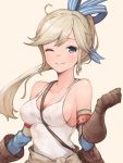  1girl ;) ahoge arm_strap bag bangs bare_shoulders between_breasts blue_eyes blue_ribbon blush breasts brown_gloves cleavage clenched_hand closed_mouth collarbone commentary_request cucouroux_(granblue_fantasy) elbow_gloves eyebrows_visible_through_hair gloves granblue_fantasy grey_background hair_ribbon hand_up highres koretsuki_azuma light_brown_eyes looking_at_viewer medium_breasts one_eye_closed ponytail ribbon shoulder_bag sidelocks simple_background smile solo strap_cleavage striped striped_ribbon swept_bangs tank_top upper_body 