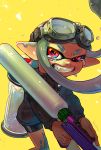  1girl artist_name bike_shorts collared_shirt commentary_request crying crying_with_eyes_open eyebrows fangs feet_out_of_frame goggles goggles_on_head hanako515_ika highres holding holding_weapon ink ink_tank_(splatoon) inkling long_sleeves looking_at_viewer nintendo pointy_ears red_eyes shirt shorts signature silver_hair solo splat_charger_(splatoon) splatoon standing tears teeth tentacle_hair weapon yellow_background 
