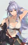  1girl armpits bare_shoulders belt braid breasts brown_eyes cleavage collarbone commentary_request granblue_fantasy groin highres large_breasts long_hair looking_at_viewer midriff naruse_hirofumi navel removing_jacket silva_(granblue_fantasy) silver_hair smile unbuttoned unbuttoned_pants unbuttoned_shirt 