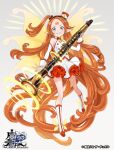  1girl absurdly_long_hair blue_eyes boots clarinet company_name copyright_name detached_sleeves facial_mark fairy_wings forehead_mark full_body grey_background grin hairband hat holding holding_instrument instrument knee_boots long_hair looking_at_viewer mini_hat official_art pointy_ears redhead side_ponytail skirt smile solo standing the_caster_chronicles very_long_hair watermark white_skirt wings wrist_cuffs yuko_(uc_yuk) 
