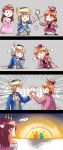 &gt;:) ... 3girls 4koma :o ahoge ascot bangs black_footwear blue_jacket blue_pants bow braid bruise_on_face comedy comic dha315 dress emphasis_lines fighting grey_hair hair_bow hair_ornament hairclip hand_holding handshake hat hat_feather heavy_breathing jacket love_live! love_live!_sunshine!! multiple_girls off-shoulder_dress off_shoulder one_eye_closed one_knee orange_hair pants pink_dress pink_hat pink_jacket pink_pants sakurauchi_riko side_braid spoken_ellipsis sunset sweatdrop sword takami_chika tiara watanabe_you weapon yuri