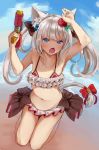 1girl animal_ears arm_up azur_lane bare_arms bare_shoulders beach bell bikini bikini_skirt black_bow blue_eyes blue_sky blush bow cat_ears cat_girl cat_tail chestnut_mouth clouds cloudy_sky collarbone commentary_request day fang fisheye flower hair_bow hair_flower hair_ornament hammann_(azur_lane) hand_up heri horizon jingle_bell long_hair looking_at_viewer navel ocean open_mouth outdoors red_bikini_top red_bow red_flower red_rose rose sand silver_hair sky solo swimsuit tail tail_bell tail_bow twintails very_long_hair water water_gun 