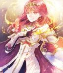  1girl armor cape celica_(fire_emblem) dress fingerless_gloves fire_emblem fire_emblem_echoes:_mou_hitori_no_eiyuuou fire_emblem_heroes gloves jewelry long_hair nintendo okii open_mouth red_eyes redhead smile solo tiara 