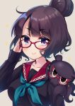  1girl :3 adjusting_eyewear bespectacled black_shirt blue_neckwear blush breasts brown_background closed_mouth commentary_request fate/grand_order fate_(series) glasses hair_bun hand_up highres katsushika_hokusai_(fate/grand_order) ko_yu long_sleeves looking_at_viewer medium_breasts neckerchief purple_hair red-framed_eyewear red_sailor_collar sailor_collar school_uniform serafuku shirt simple_background sleeves_past_wrists sparkle tokitarou_(fate/grand_order) upper_body violet_eyes 