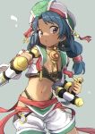  1girl black_eyes blue_hair braid breasts commentary_request dark_skin dual_wielding earrings eyebrows_visible_through_hair gazacy_(dai) grey_background hat highres holding jewelry looking_at_viewer midriff navel o-ring shorts simple_background small_breasts solo soul_calibur talim tonfa twin_braids twintails weapon 