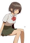  1girl bow bowtie brown_eyes brown_hair closed_mouth collared_shirt commentary_request copyright_request feet_out_of_frame from_side green_skirt grey_shirt invisible_chair kawai_makoto pleated_skirt red_neckwear shirt short_hair short_sleeves signature simple_background sitting skirt solo white_background wing_collar 