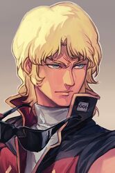  1boy bangs blonde_hair blue_eyes char_aznable eyewear_removed gundam hankuri military military_uniform quattro_vageena scar serious short_hair sleeveless solo sunglasses uniform zeta_gundam 