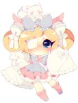  1girl bell black_eyes blonde_hair blue_bow blush bow cat chariko chibi chromatic_aberration commentary commission dress english_commentary eyepatch frilled_bow frilled_sleeves frills full_body hair_bell hair_bow hair_ornament horizontal_stripes long_sleeves looking_at_viewer nose_blush original pink_dress pink_legwear ribbon-trimmed_dress short_hair socks solo striped striped_bow white_background white_bow white_cat white_eyepatch 