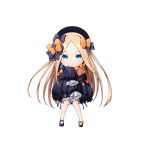  1girl abigail_williams_(fate/grand_order) bangs black_bow black_dress black_footwear black_hat blonde_hair bloomers blue_eyes blush bow bug butterfly chibi dress fate/grand_order fate_(series) forehead hair_bow hat highres insect kuena long_hair long_sleeves looking_at_viewer mary_janes object_hug orange_bow parted_bangs parted_lips polka_dot polka_dot_bow shoes simple_background sleeves_past_fingers sleeves_past_wrists solo stuffed_animal stuffed_toy teddy_bear underwear very_long_hair white_background white_bloomers 