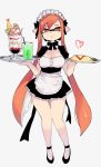  1girl apron bow bowtie domino_mask food full_body heart highres ice_cream inkling iriehana looking_at_viewer maid_headdress mask nintendo omurice parted_lips pointy_ears red_eyes simple_background solo splatoon standing sundae tentacle_hair thigh_gap tray waist_apron waitress white_background 
