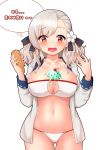  1girl bikini bloody0rabby blush breasts cherry cleavage cone flower food fruit girls_frontline grey_hair gun hair_flower hair_ornament highres ice_cream ice_cream_cone ice_cream_cone_spill jacket korean large_breasts long_hair open_mouth ribbon shiny shiny_skin shotgun spas-12 spas-12_(girls_frontline) swimsuit thick_thighs thighs twintails weapon white_bikini 