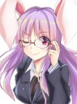  1girl ;) adjusting_eyewear animal_ears bangs bespectacled black_jacket blazer blush breasts collarbone commentary_request cropped_torso eyebrows_visible_through_hair glasses glasses_day hand_up highres jacket kue large_breasts lips long_hair long_sleeves looking_at_viewer one_eye_closed pink_lips purple_hair rabbit_ears red-framed_eyewear red_eyes reisen_udongein_inaba shirt simple_background sketch smile solo touhou upper_body white_background white_shirt wing_collar work_in_progress 