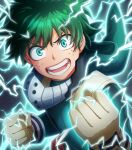  1boy boku_no_hero_academia electricity eyebrows_visible_through_hair green_eyes green_hair looking_at_viewer megiha midoriya_izuku open_mouth short_hair smile solo teeth upper_body 