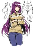  arms_under_breasts breasts casual crossed_arms denim fate/grand_order fate_(series) hair_intakes jeans large_breasts long_hair looking_to_the_side pants purple_hair red_eyes scathach_(fate)_(all) scathach_(fate/grand_order) shimo_(s_kaminaka) sketch sweater turtleneck turtleneck_sweater white_background 