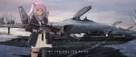  1girl aircraft airplane black_gloves blue_eyes closed_mouth copyright_name day english eyebrows_visible_through_hair fingerless_gloves girls_frontline gloves gun highres holding holding_gun holding_weapon long_hair looking_at_viewer outdoors persocon93 pink_hair side_ponytail snow snowing solo st_ar-15_(girls_frontline) standing tree weapon 