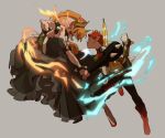  1boy 1girl battle blonde_hair boots bowsette bracelet clenched_hands collar crown dress earrings fire gloves grey_background highres holding holding_weapon horns jewelry kendy_(revolocities) looking_at_another lord_peach super_mario_bros. muscle muscular_female new_super_mario_bros._u_deluxe nintendo open_mouth parasol pointy_ears ponytail redhead shell simple_background sleeveless sleeveless_dress spiked_armlet spiked_bracelet spiked_collar spiked_shell spikes umbrella weapon white_gloves 
