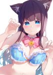  1girl animal_ear_fluff animal_ears arm_up bangs bell blue_bra blue_eyes blush bow bow_bra bra breasts brown_hair cat_ears chikuwa. claw_pose cleavage closed_mouth commentary detached_collar eyebrows_visible_through_hair fingernails frilled_bra frills hand_up highres jingle_bell large_breasts long_hair looking_at_viewer original pink_bow simple_background solo symbol_commentary underwear underwear_only upper_body very_long_hair white_background white_collar wing_collar 