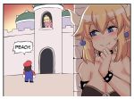  1boy 2girls bare_shoulders black_dress blonde_hair blue_eyes blue_overalls blush bowsette bracelet breasts brooch bush castle cleavage collar comic commentary crown dress earrings elbow_gloves english english_commentary fang forked_eyebrows gloves hand_to_own_mouth hat highres hinghoi horns jewelry large_breasts long_ponytail mario super_mario_bros. multiple_girls nintendo pink_dress pointy_ears princess_peach red_hat red_shirt shirt smile spiked_armlet spiked_bracelet spiked_collar spikes super_mario_bros. thick_eyebrows white_gloves 