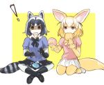  ! 2girls animal_ears bangs black_footwear black_gloves black_legwear black_skirt blue_shirt bodystocking bow bowtie brown_eyes commentary common_raccoon_(kemono_friends) eating extra_ears fennec_(kemono_friends) fork fox_ears fox_tail frown fur_collar gloves grey_hair hairband holding holding_fork indian_style japari_symbol kemono_friends loafers looking_at_viewer medium_hair miniskirt multicolored_hair multiple_girls open_mouth outside_border pink_sweater pleated_skirt puffy_short_sleeves puffy_sleeves raccoon_ears raccoon_tail seiza shadow sharing_food shirt shoes short_sleeves silver_hair sitting skirt socks striped_tail sweater tail tearing_up wavy_mouth white_footwear white_skirt yellow_background yellow_gloves yellow_hairband yellow_neckwear yuuyu_(777) 