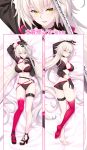  1girl ass bed_sheet bikini black_bikini black_gloves black_sleeves breasts cleavage dakimakura eyebrows_visible_through_hair fate/grand_order fate_(series) full_body gloves hair_between_eyes high_heels highres holding holding_sword holding_weapon jeanne_d&#039;arc_(alter_swimsuit_berserker) jeanne_d&#039;arc_(fate)_(all) katana large_breasts long_hair lying menggongfang nail_polish o-ring o-ring_bikini on_back on_side parted_lips red_legwear red_nails shrug_(clothing) silver_hair single_thighhigh solo swimsuit sword thigh-highs very_long_hair weapon yellow_eyes 