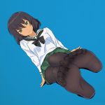  1girl akagi_(fmttps) arm_support arms_behind_back artist_name bangs black_legwear black_neckwear blouse blue_background brown_hair closed_mouth commentary dark_skin dutch_angle feet foreshortening girls_und_panzer green_eyes green_skirt head_tilt hoshino_(girls_und_panzer) light_smile lips long_sleeves looking_at_viewer miniskirt neckerchief ooarai_school_uniform pantyhose pleated_skirt school_uniform serafuku short_hair signature sitting skirt solo toes white_blouse 