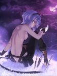  1girl arm_support bare_back bare_shoulders black_gloves black_hairband breasts clouds dark_skin fate/grand_order fate/prototype fate/prototype:_fragments_of_blue_and_silver fate_(series) fingerless_gloves from_behind gloves grass hairband hassan_of_serenity_(fate) kunai looking_at_viewer looking_back m-ya medium_breasts moon night night_sky purple_hair short_hair sideboob sitting sky solo violet_eyes weapon 
