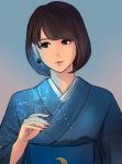  1girl black_eyes blue_kimono brown_hair closed_mouth commentary_request earrings fingernails hand_up head_tilt japanese_clothes jewelry kimono looking_to_the_side munakata_(hisahige) obi original sash short_hair smile solo upper_body 