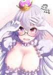  1girl bangs blush breasts cleavage collar commentary_request covering_face crown detached_collar dress elbow_gloves fangs frilled_collar frilled_dress frilled_sleeves frills glasses gloves hair_between_eyes hands_up large_breasts long_hair looking_at_viewer luigi&#039;s_mansion mini_crown nekobaka open_mouth princess_king_boo puffy_short_sleeves puffy_sleeves semi-rimless_eyewear short_sleeves signature solo super_crown tilted_headwear under-rim_eyewear very_long_hair violet_eyes white_dress white_gloves white_hair 