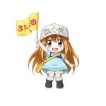  1girl :d arm_up bag bangs black_footwear blue_shirt blush boots brown_eyes brown_shorts character_name chibi clothes_writing eyebrows_visible_through_hair flag flat_cap grey_hat hair_between_eyes hat hataraku_saibou highres holding holding_flag knee_boots kuena light_brown_hair long_hair open_mouth platelet_(hataraku_saibou) round_teeth shirt short_shorts short_sleeves shorts shoulder_bag simple_background smile solo standing teeth upper_teeth very_long_hair white_background 