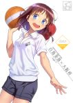  1girl :d artist_name ball baseball_cap black_shorts blue_eyes blush braid breasts brown_hair character_name collarbone cowboy_shot gym_shorts gym_uniform hair_ribbon hat hat_around_neck highres holding holding_ball open_mouth original pairan partially_unzipped ribbon round_teeth shiny shiny_hair shiratori_minami shirt short_hair short_sleeves shorts simple_background small_breasts smile solo spread_fingers teeth twin_braids upper_teeth volleyball white_background white_hat white_ribbon white_shirt zipper zipper_pull_tab 