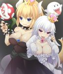  2girls :d armlet bangs black_collar black_dress black_nails blonde_hair blue_eyes blush boo bowsette bracelet breasts cleavage collar commentary_request dress elbow_gloves eyebrows_visible_through_hair fang fingernails frilled_dress frills ghost_pose gloves grey_background hair_between_eyes jewelry large_breasts long_hair luigi&#039;s_mansion maccha super_mario_bros. multiple_girls nail_polish new_super_mario_bros._u_deluxe nintendo open_mouth parted_lips piranha_plant princess_king_boo puffy_short_sleeves puffy_sleeves sharp_teeth short_sleeves smile spiked_armlet spiked_bracelet spiked_collar spiked_tail spikes strapless strapless_dress super_crown tail tail_raised teeth tongue tongue_out very_long_hair violet_eyes white_dress white_gloves white_hair 