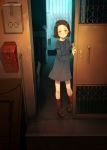  1girl blue_eyes blush brown_footwear brown_hair closed_mouth eyebrows_visible_through_hair highres indoors lock looking_at_viewer original red_legwear shoes short_hair sliding_doors socks solo standing yoshida_seiji 