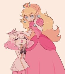 2girls blonde_hair blue_eyes charamells dress gloves hime_(splatoon) inkling long_dress multiple_girls nintendo pink_dress princess_peach splatoon splatoon_2 super_mario_bros.