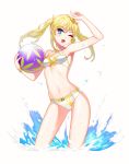  1girl ;d absurdres arm_up armpits ball beachball belt bikini blonde_hair blue_eyes bracelet breasts cleavage closers eyebrows_visible_through_hair floating_hair hair_between_eyes highres holding holding_ball jewelry long_hair navel official_art one_eye_closed open_mouth simple_background small_breasts smile solo swimsuit twintails white_background white_bikini 