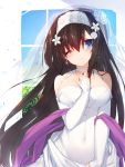  ;) absurdres black_hair blue_eyes blue_sky blurry blurry_background blush braid breasts brown_hair closed_eyes covered_navel dress earrings eyebrows_visible_through_hair facing_viewer flower hair_between_eyes hair_flower hair_ornament hand_up highres jewelry large_breasts long_hair necklace one_eye_closed rinne_(sennen_sensou_aigis) see-through sennen_sensou_aigis sky smile veil very_long_hair white_dress window yki 