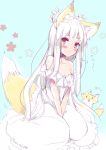  1girl animal animal_ear_fluff animal_ears bangs bare_shoulders between_legs blue_background blush braid closed_mouth dress eyebrows_visible_through_hair fox fox_ears fox_girl fox_tail hair_rings hand_between_legs highres long_hair looking_at_viewer mitoko_(kuma) off-shoulder_dress off_shoulder original red_eyes short_eyebrows silver_hair smile solo tail tail_raised thick_eyebrows twitter_username v_arms very_long_hair white_dress 
