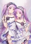  .com_(cu_105) arm_around_waist bare_shoulders choker dress euryale fate/hollow_ataraxia fate_(series) hairband highres lolita_hairband long_hair looking_at_viewer purple_hair short_dress siblings sisters smile stheno strapless strapless_dress thighlet twins twintails very_long_hair violet_eyes white_dress 