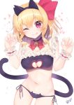  1girl ;q absurdres animal_ears bangs bare_arms bare_shoulders bell bell_collar black_bra black_choker black_panties blonde_hair blush bow bow_panties bowtie bra breasts cat_ears cat_lingerie cat_tail choker claw_pose cleavage cleavage_cutout collar commentary_request eyebrows_visible_through_hair fake_animal_ears fake_tail frilled_bra frills groin hair_between_eyes hair_ribbon hands_up head_tilt highres jingle_bell looking_at_viewer medium_breasts meme_attire navel nenobi_(nenorium) one_eye_closed panties red_bow red_eyes red_neckwear red_ribbon ribbon rumia short_hair side-tie_panties simple_background solo star stomach tail thighs tongue tongue_out touhou underwear white_background wrist_cuffs 