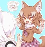  &gt;_&lt; 2girls animal_ear_fluff animal_ears anteater_ears blush bow bowtie brown_hair chibi chibi_inset claw_pose commentary_request eyebrows_visible_through_hair fang flying_sweatdrops fur_collar highres japanese_wolf_(kemono_friends) kemono_friends kolshica long_hair long_sleeves multicolored_hair multiple_girls neckerchief open_mouth plaid plaid_neckwear plaid_skirt pleated_skirt sailor_collar short_hair skirt southern_tamandua_(kemono_friends) sweater tail tearing_up translated white_hair wolf_ears wolf_tail yellow_eyes 