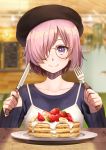  1girl bangs beret blurry blurry_background brown_hat closed_mouth collarbone commentary_request depth_of_field dress fate/grand_order fate_(series) food fork fruit glasses glasses_day hair_over_one_eye hands_up hat highres holding holding_fork holding_knife knife kurono_kito long_sleeves mash_kyrielight pancake pink_hair purple_shirt shirt short_hair sleeveless sleeveless_dress smile solo stack_of_pancakes strawberry table violet_eyes white_dress 