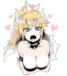  1girl blonde_hair blue_eyes blush bowsette breasts cleavage collar cropped_torso eyebrows_visible_through_hair heart highres horns iriehana large_breasts long_hair looking_at_viewer super_mario_bros. new_super_mario_bros._u_deluxe nintendo sharp_teeth simple_background solo spiked_armlet spiked_collar spikes super_crown tail teeth tongue tongue_out white_background 
