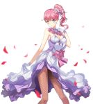  1girl breasts choker cleavage closers fishnet_pantyhose fishnets flower gloves hair_flower hair_ornament hair_ribbon heterochromia high_ponytail highres layered_skirt long_hair looking_at_viewer medium_breasts official_art open_mouth pantyhose petals pink_eyes pink_flower pink_hair pink_rose purple_ribbon ribbon rose shiny shiny_hair side_ponytail side_slit sideboob simple_background skirt_hold solo strapless violet_eyes white_background white_gloves 